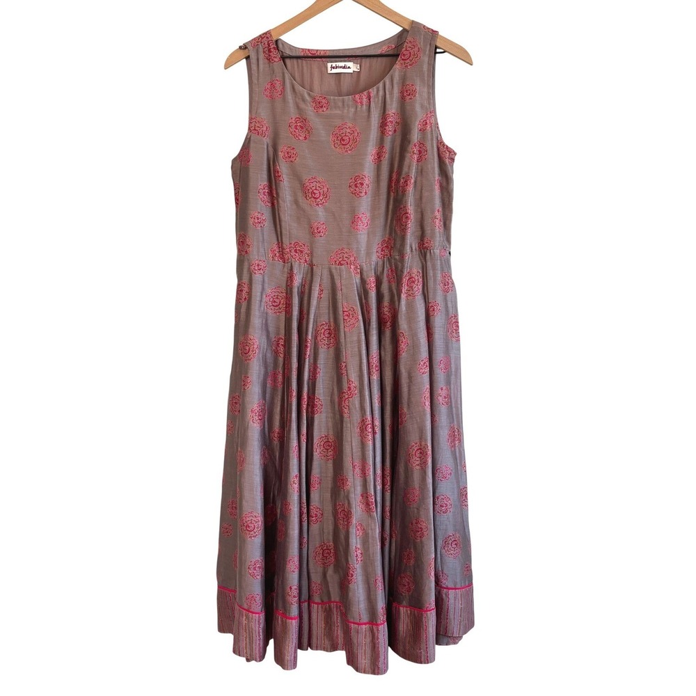 Fabindia Floral Block Print Midi Dress Mauve Pink Womens Size L Silk Cotton